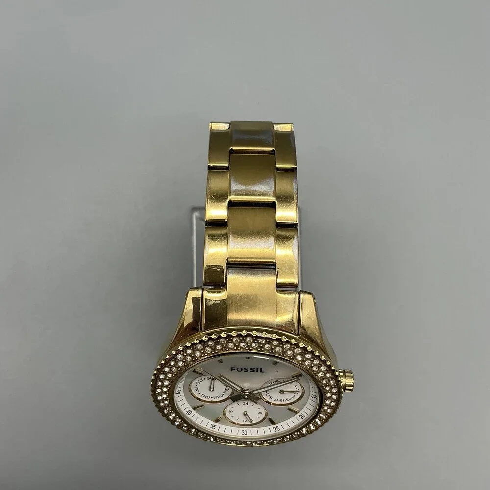 Fossil ES-2861 Womens Watch 38mm MOP Gold Tone Crystals Bracelet New Batt 6.75